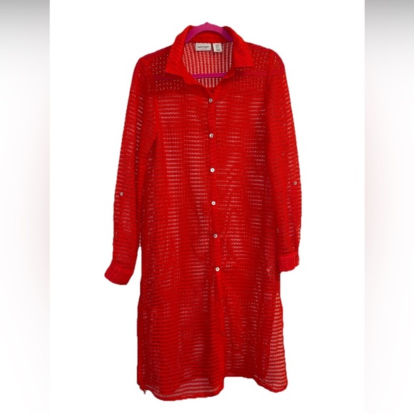 Haute hippie red crochet button down pool cover up medium - Picture 1 of 5